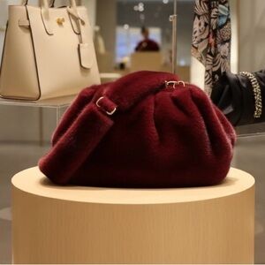 Wine Sheared Mink Plush Gathered Clutch with detachable strap